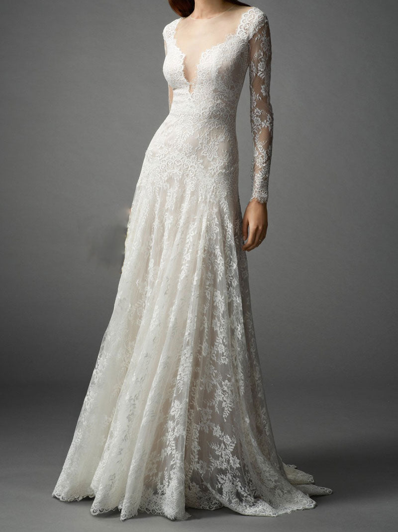 Lace Fitted A-line Wedding Dress with Illusion Back RR230