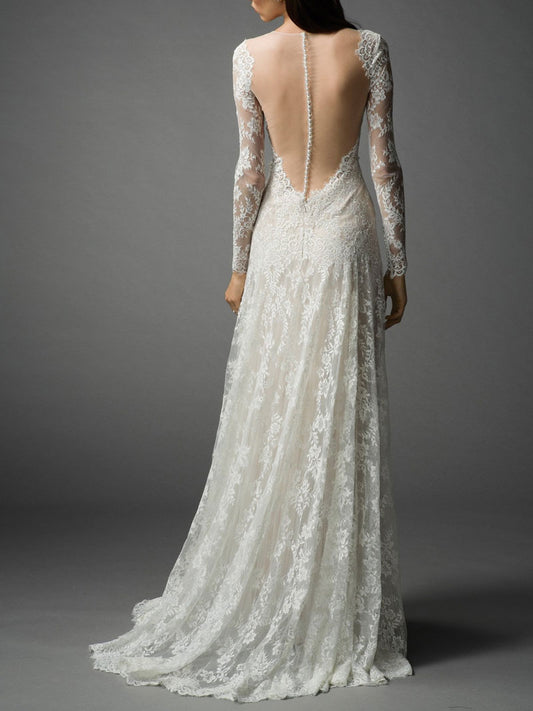 Lace Fitted A-line Wedding Dress with Illusion Back RR230