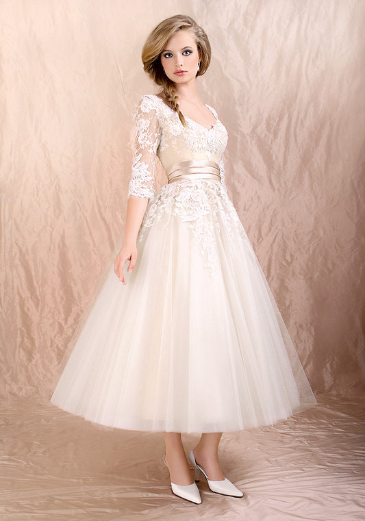 Vintage Style Champagne Tea Length Formal Dress