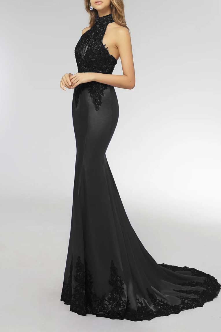 Elegant Black Lace Halter Lace Mermaid Prom Evening Dress XH1029