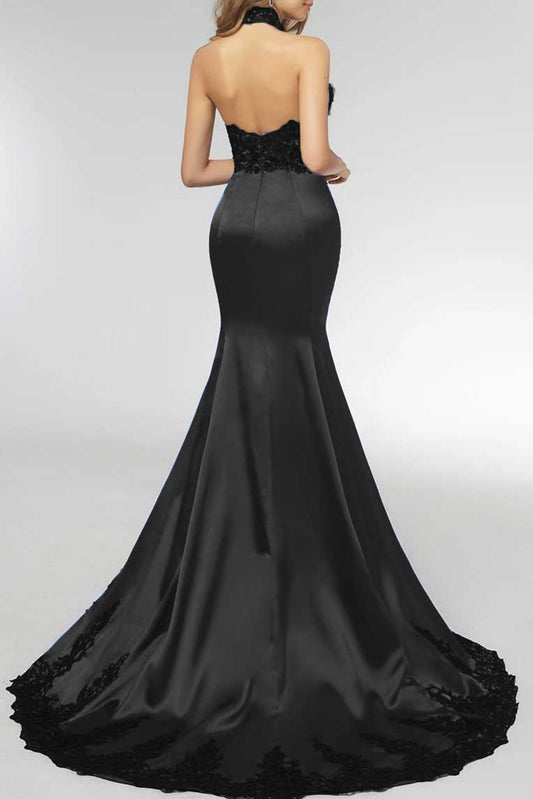 Elegant Black Lace Halter Lace Mermaid Prom Evening Dress XH1029