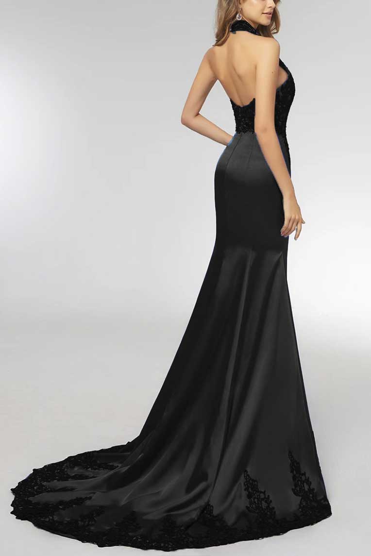 Elegant Black Lace Halter Lace Mermaid Prom Evening Dress XH1029