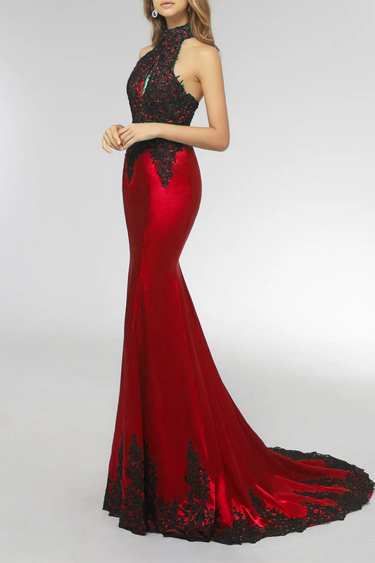 Elegant Black Lace Red Satin Halter Lace Mermaid Prom Evening Dress XH1029