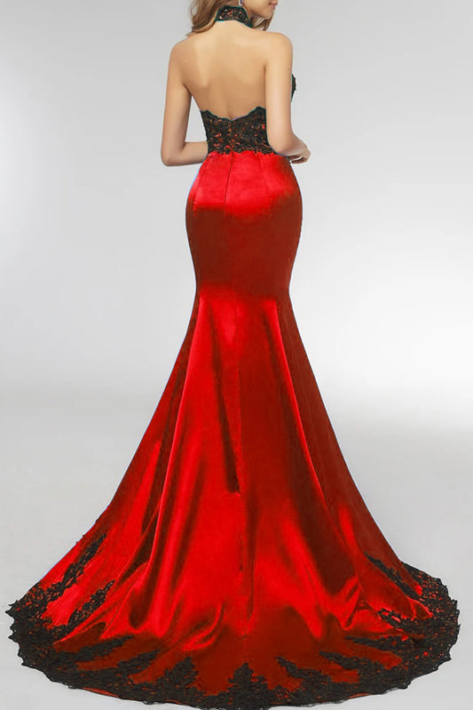 Elegant Black Lace Red Satin Halter Lace Mermaid Prom Evening Dress XH1029