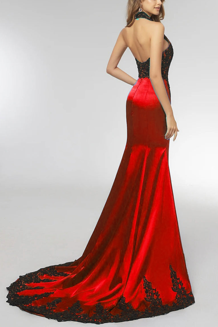 Elegant Black Lace Red Satin Halter Lace Mermaid Prom Evening Dress XH1029