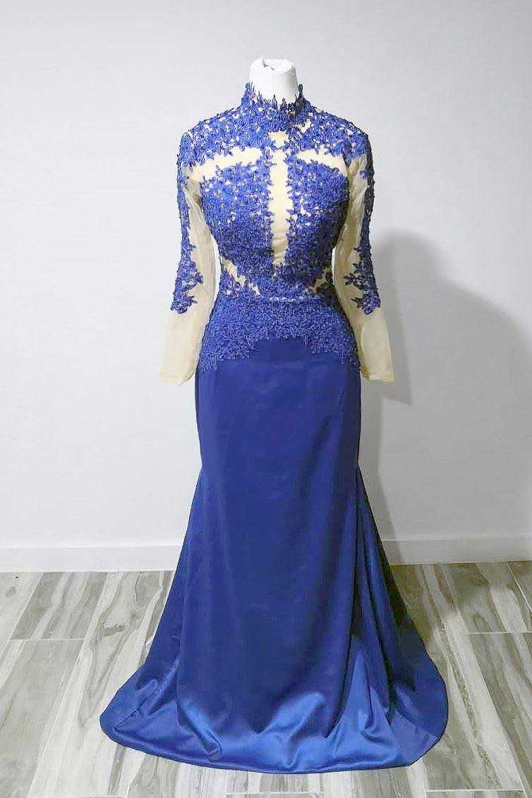 Blue Lace Maxi Mermaid Formal Dress with Long Sleeves XH1001