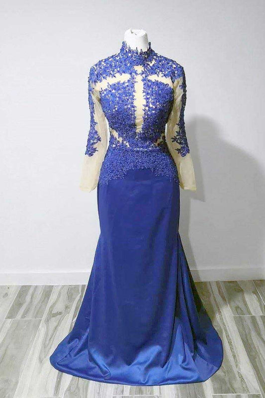 Blue Lace Maxi Mermaid Formal Dress with Long Sleeves XH1001