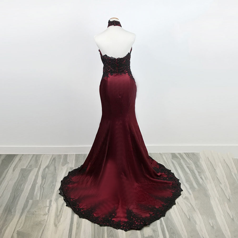 Sexy Black Lace Burgundy Halter Lace Mermaid Prom Evening Dress