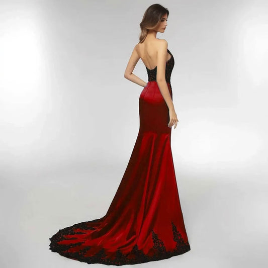 Sexy Black Lace Burgundy Halter Lace Mermaid Prom Evening Dress XH1029