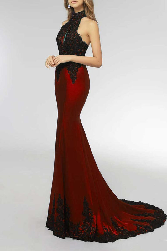 Sexy Black Lace Burgundy Halter Lace Mermaid Prom Evening Dress XH1029