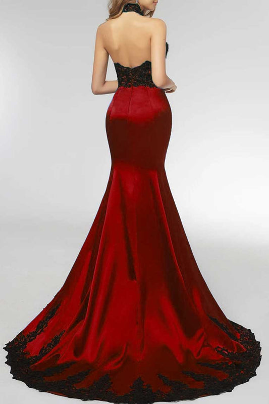 Sexy Black Lace Burgundy Halter Lace Mermaid Prom Evening Dress XH1029