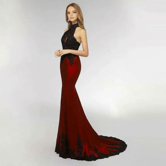 Sexy Black Lace Burgundy Halter Lace Mermaid Prom Evening Dress XH1029