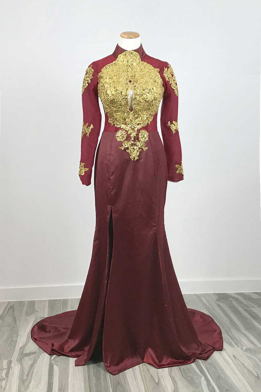 Burgundy Gold Lace Formal Prom Dress with Long Sleeves XH1023