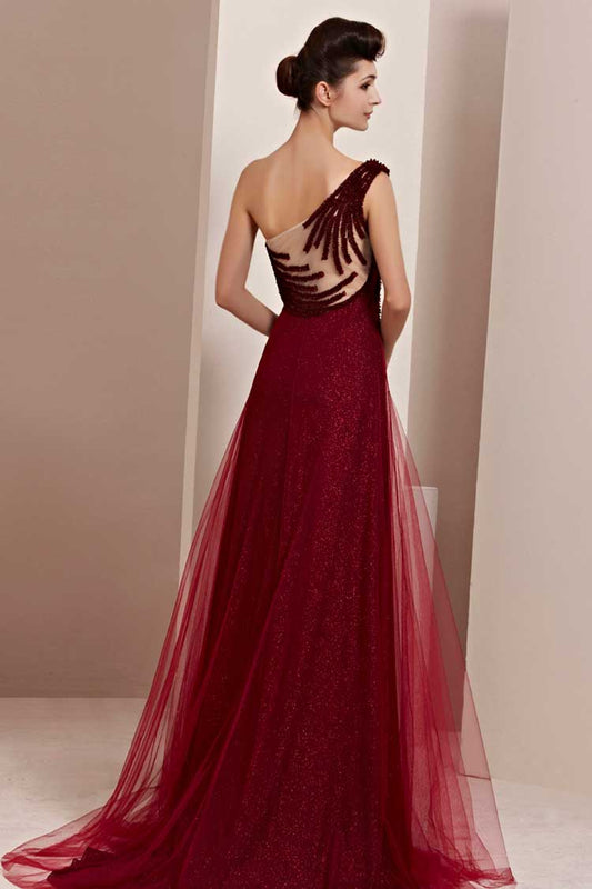 Grecian One Shoulder Burgundy Formal Prom Evening Dress