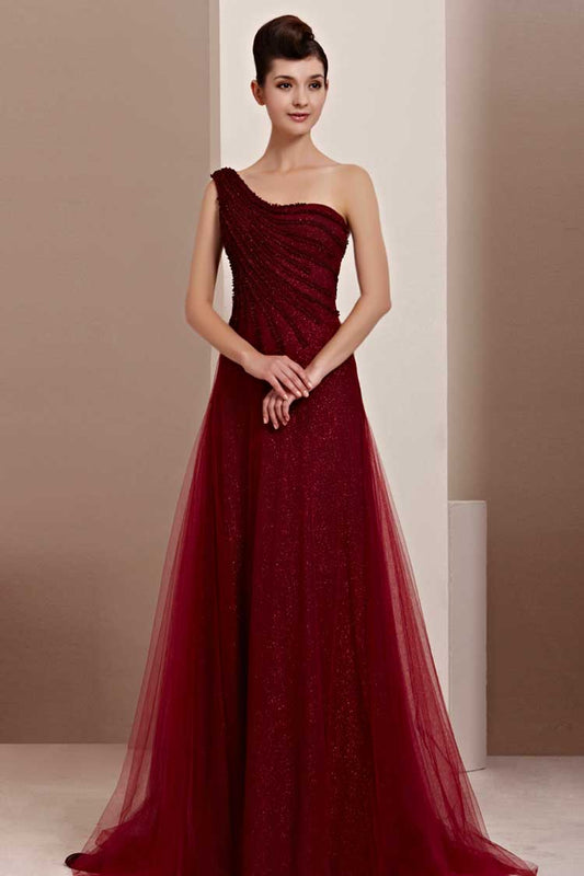 Grecian One Shoulder Burgundy Formal Prom Evening Dress