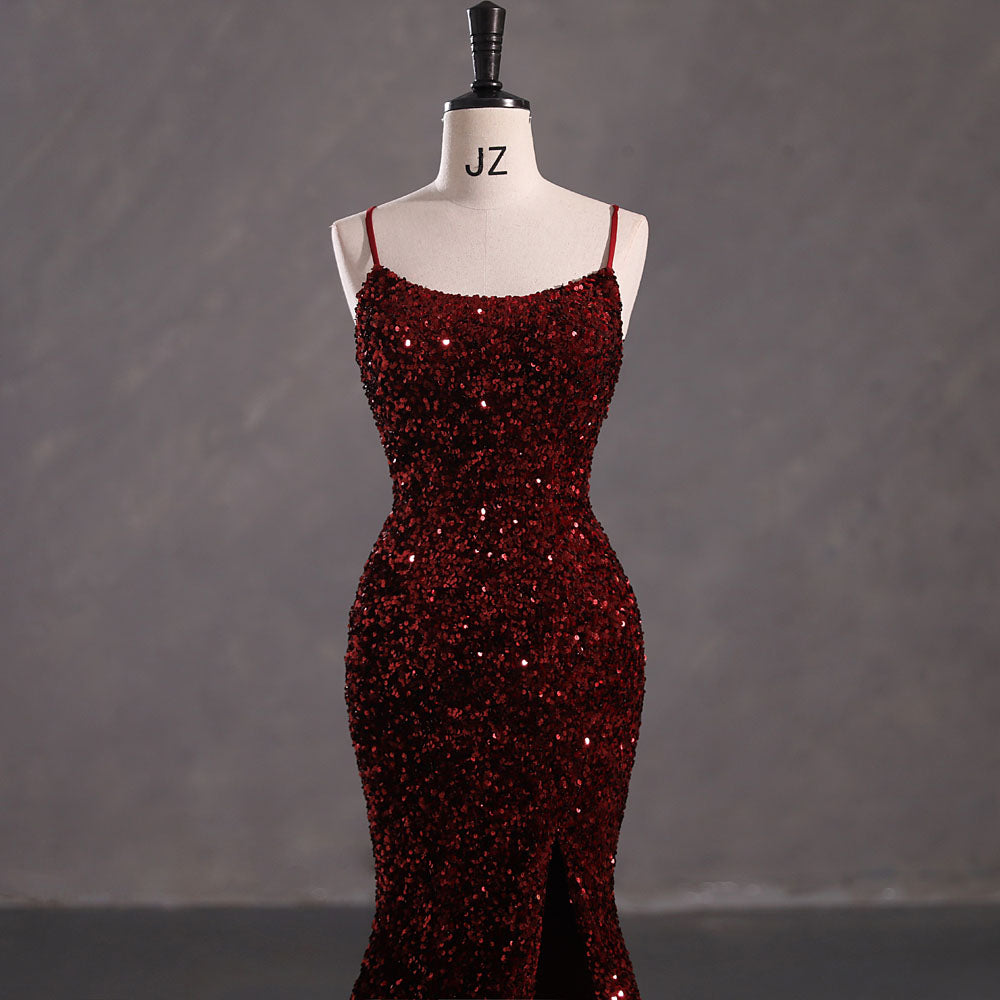 Sexy Burgundy Sequins Formal Prom Dress EN5408