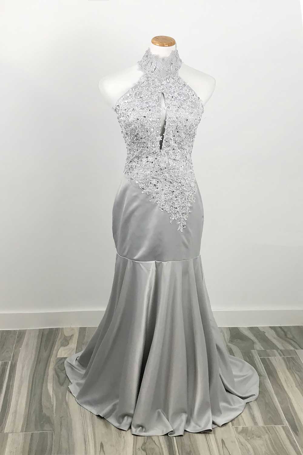 Gray Halter Lace Mermaid Prom Evening Dress XH1013