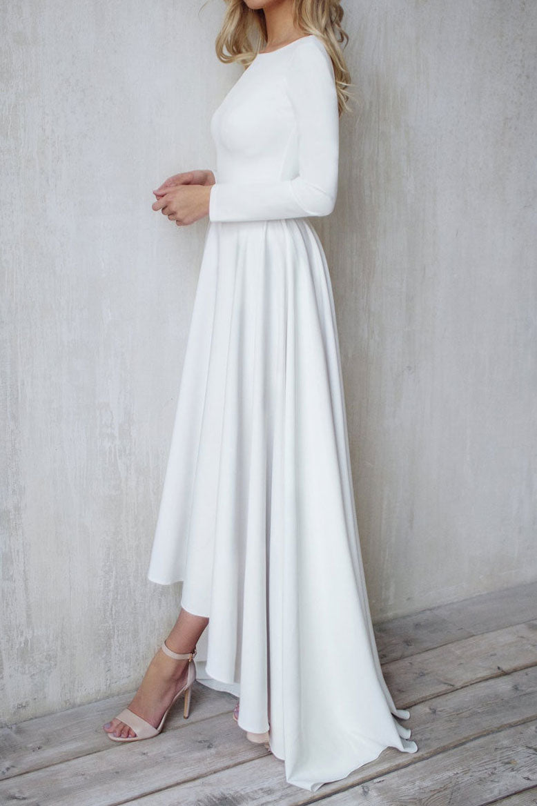 Simple Elegant High Low Crepe Chiffon Wedding Dress with Sleeves ET3005