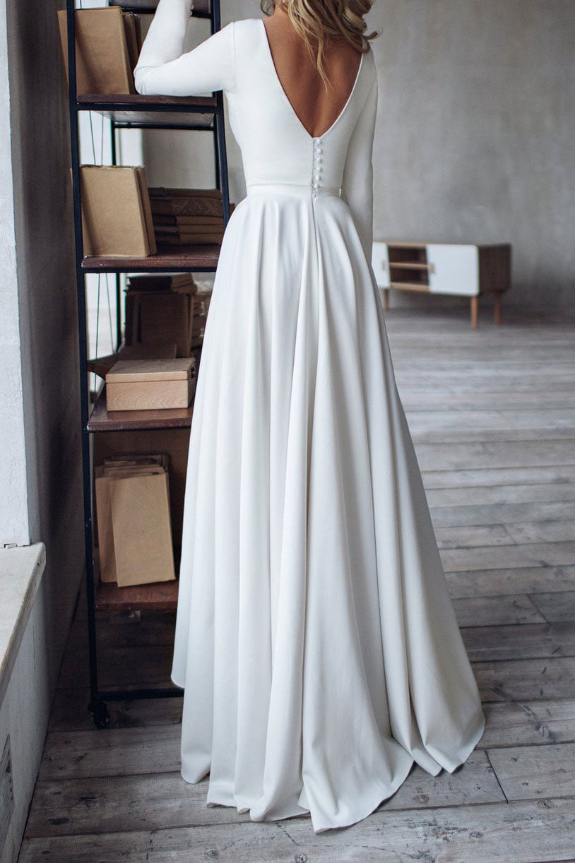 Simple Elegant High Low Crepe Chiffon Wedding Dress with Sleeves ET3005