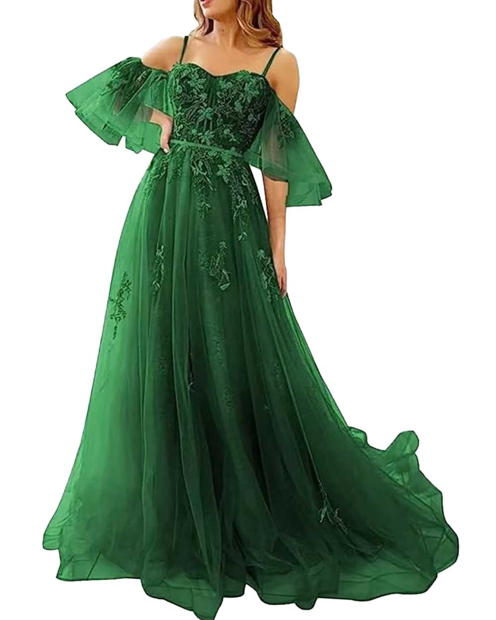 Hunter Green Lace Tulle Formal Prom Dress with Off Shoulder Sleeves XH1068