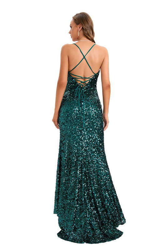 Hunter Green Sequins Formal Prom Evening Dress with Open Corset Back