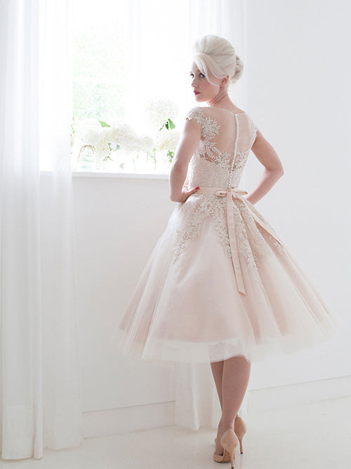 Retro Pearl Pink Tea Length Wedding Dress | RR110