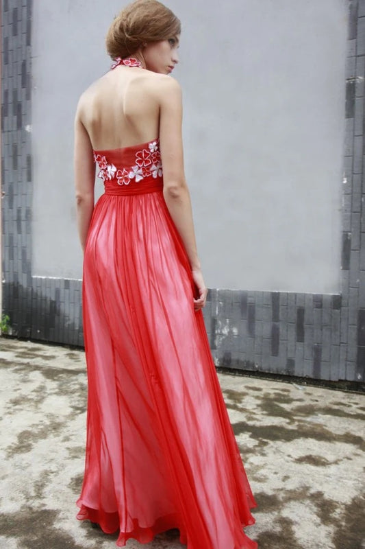 Red Maxi Chiffon Formal Prom Evening Dress with V Neck SA80881