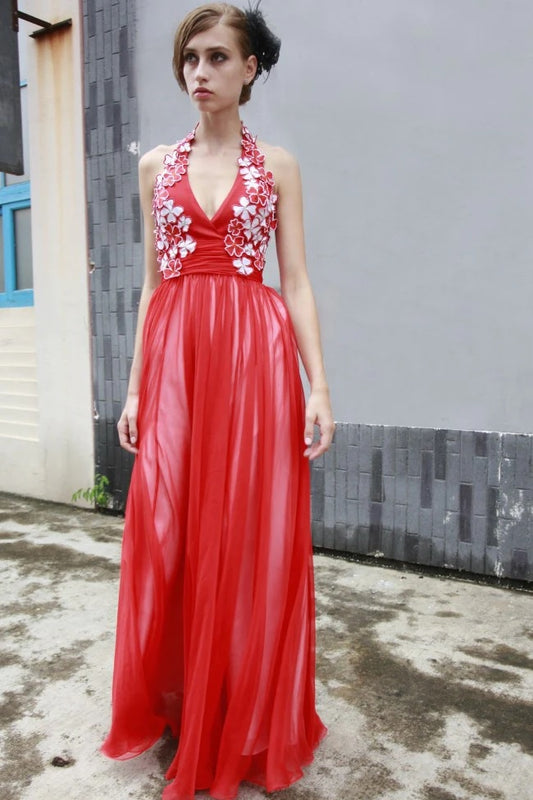 Red Maxi Chiffon Formal Prom Evening Dress with V Neck SA80881