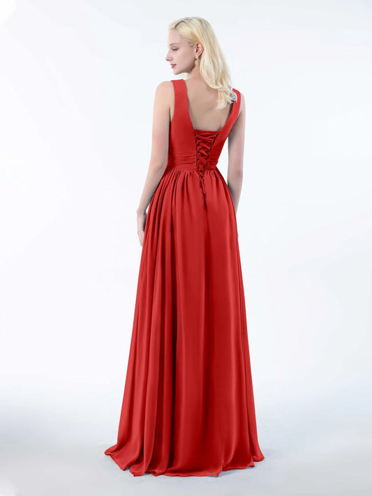 Red Chiffon Bridesmaid Dress with V Neck and Side Slit XH1069