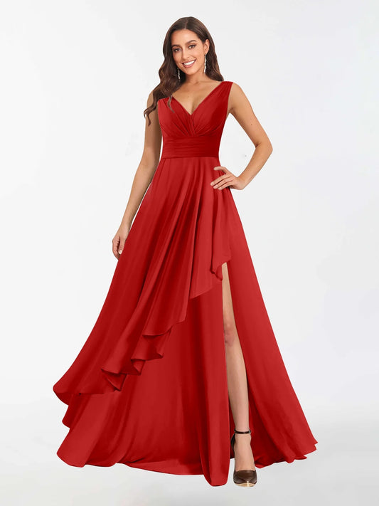 Red Chiffon Bridesmaid Dress with V Neck and Side Slit XH1069