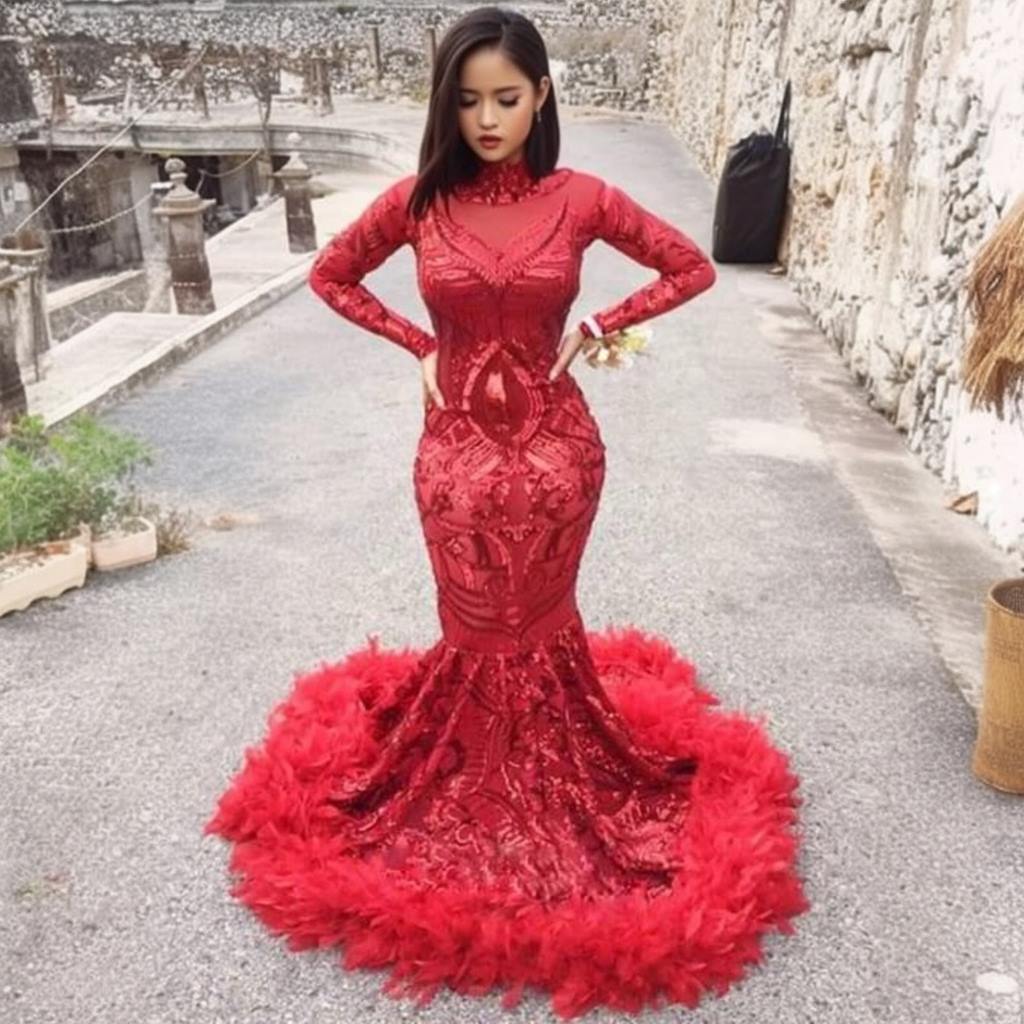 Sparkly Red Sequins Fitted Mermaid Prom Dress XH1065