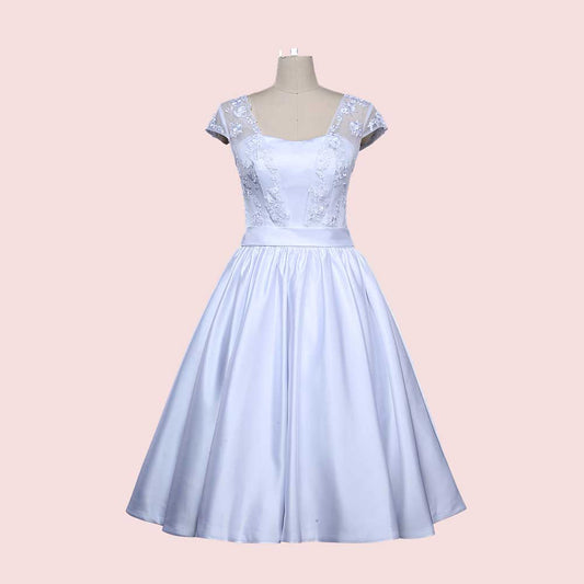 Retro Vintage Style 50s Tea Length Wedding Dress with Cap Sleeves J1002