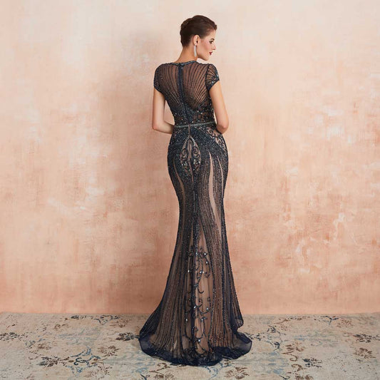 Elegant Maxi Black Lace Wedding Dress with Cap Sleeves