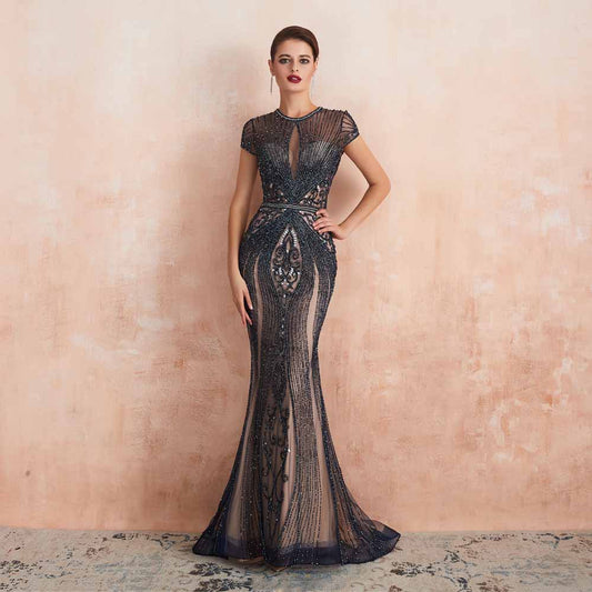 Elegant Maxi Black Lace Wedding Dress with Cap Sleeves