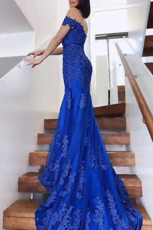 Royal Blue Maxi Lace Mermaid Formal Prom Evening Dress XH1063