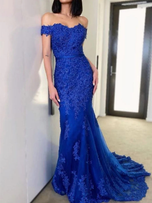 Royal Blue Maxi Lace Mermaid Formal Prom Evening Dress XH1063