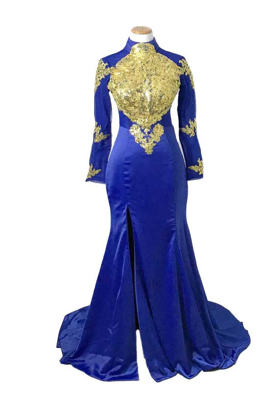 Royal Blue Gold Lace Formal Prom Dress with Long Sleeves XH1023