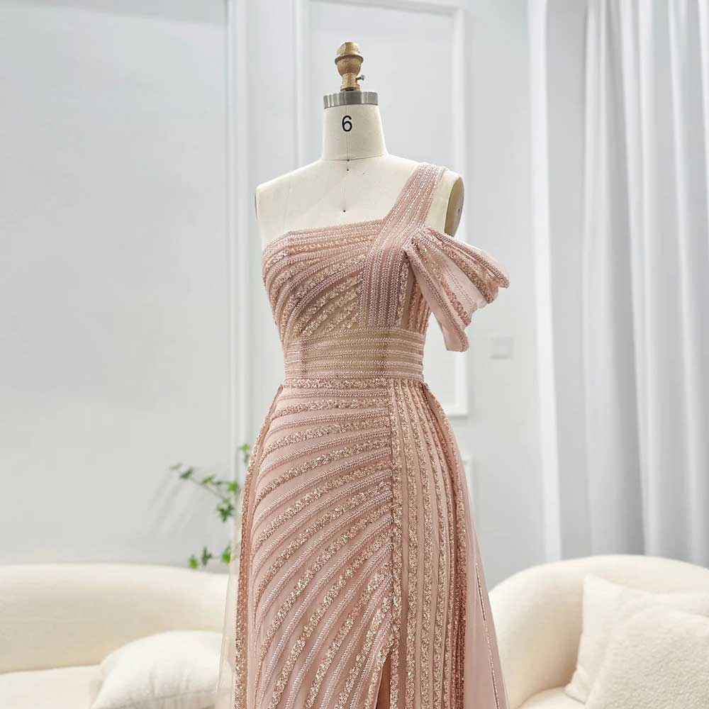 Dusty Pink One Shoulder Sparkly Formal Evening Prom Dress