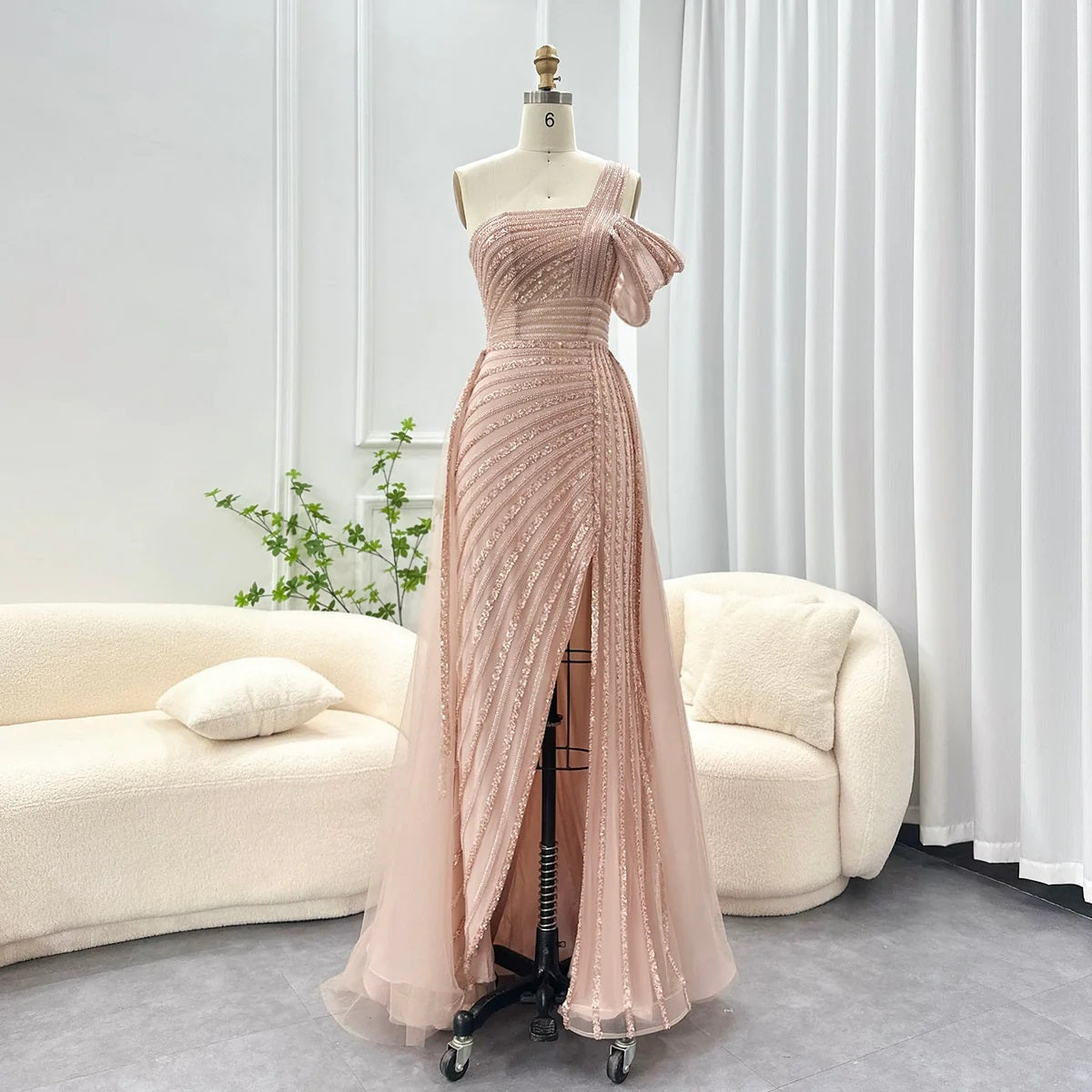 Dusty Pink One Shoulder Sparkly Formal Evening Prom Dress