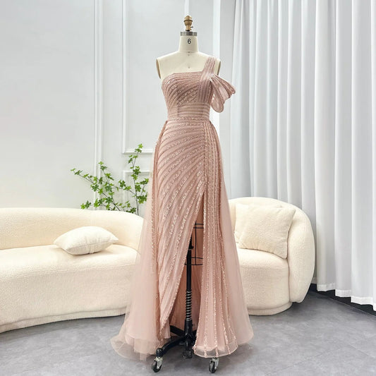 Dusty Pink One Shoulder Sparkly Formal Evening Prom Dress