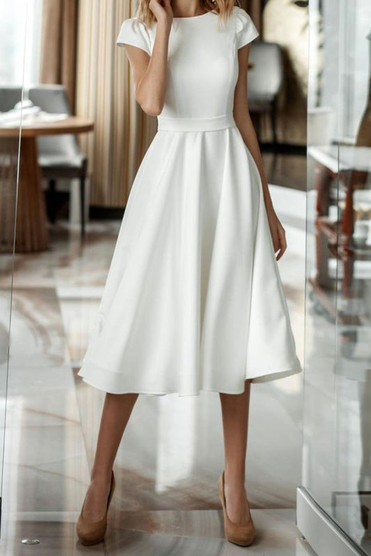 Simple Elegant Short Minimalist Wedding Dress with Cap Sleeves ET3014