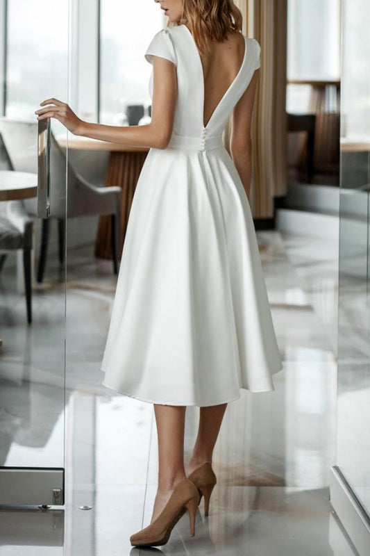 Simple Elegant Short Minimalist Wedding Dress with Cap Sleeves ET3014