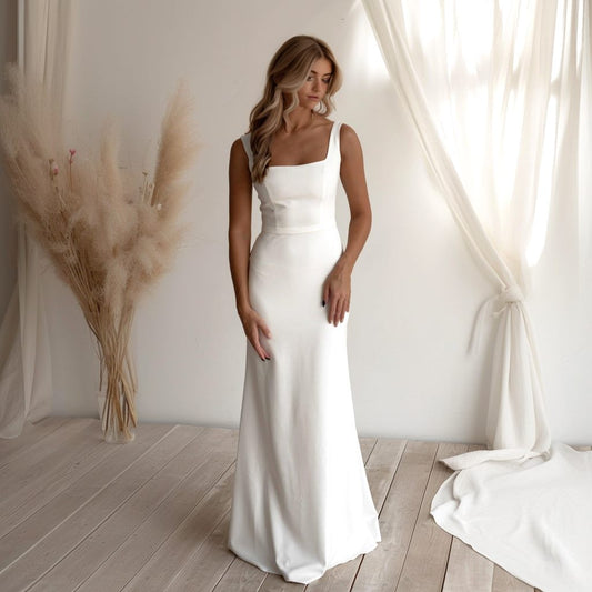 Simple Elegant Crepe Wedding Dress with Square Neckline ET3002