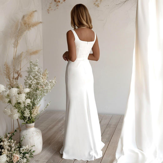 Simple Elegant Crepe Wedding Dress with Square Neckline ET3002