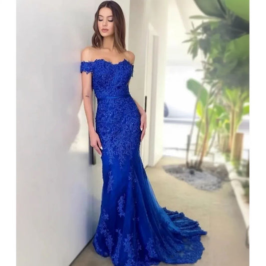 Royal Blue Maxi Lace Mermaid Formal Prom Evening Dress XH1063