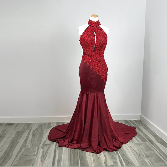 Elegant Dark Red Halter Lace Mermaid Prom Evening Dress XH1013