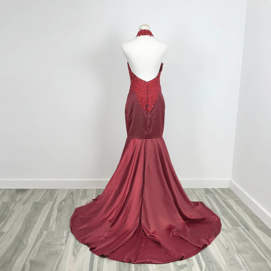 Elegant Dark Red Halter Lace Mermaid Prom Evening Dress XH1013