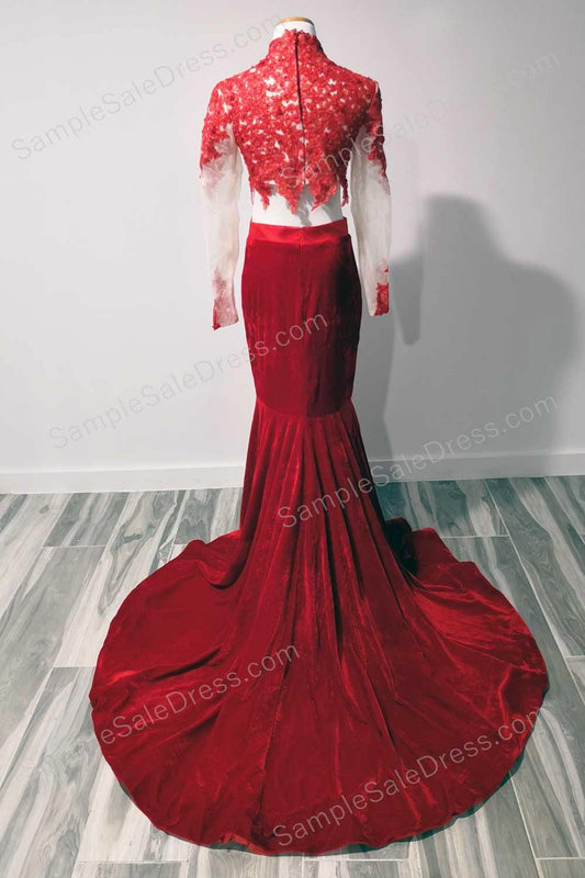 Red 2 Piece Velvet Lace Prom Dress 