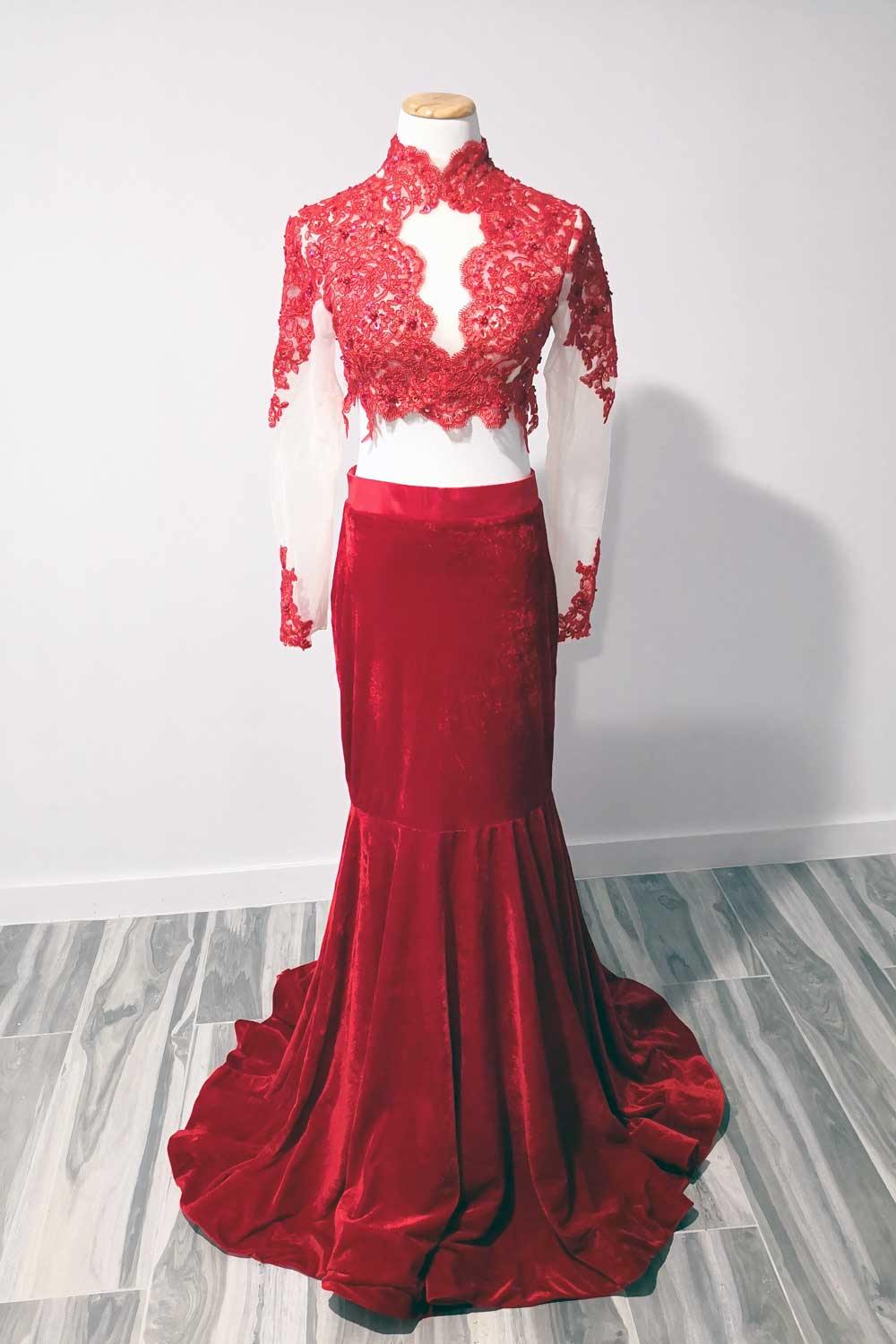 Red 2 Piece Velvet Lace Prom Dress 