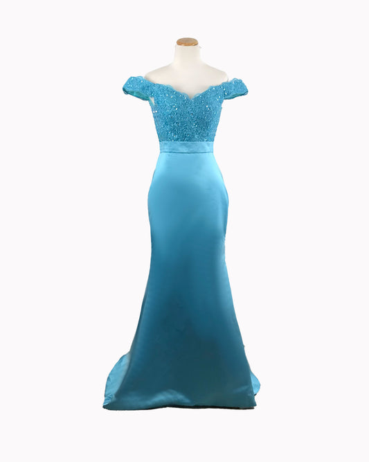 Turquoise Off the Shoulder Lace Sleek Prom Evening Dress